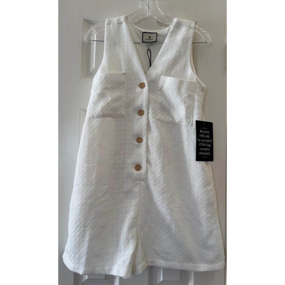 NWT Tuckernuck White Tweed Sleeveless Romper Gold Button XS Preppy Coastal